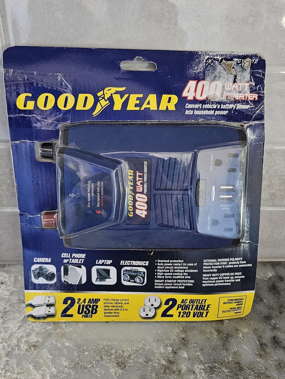 Goodyear 400 Wtt Car Power Inverter GY3202 12V DC to 120V AC 2 USB Port Open Box